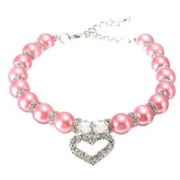 Pet Pearl Heart Pendant Collar (Color: Pink)