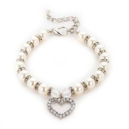 Pet Pearl Heart Pendant Collar (Color: White)