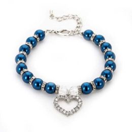 Pet Pearl Heart Pendant Collar (Color: Navy Blue)
