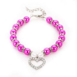 Pet Pearl Heart Pendant Collar (Color: Rose Red)