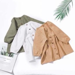 Solid Color Cotton Linen Long Sleeve Dress (Color: color)