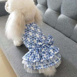 dog clothes small dog princess tutu skirt print (Color: blue only pet maple leaf skirt blue)